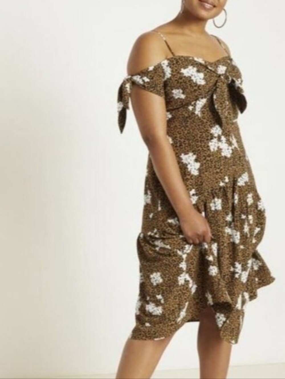 Eloquii Brown White Floral Animal Print Tie Front Fit FlareDress Size 22